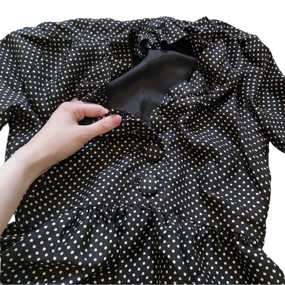 Vintage 1990's J. Crew Babydoll Black White Polka Dot Ruffle Long Sleeve Dress 0 - Picture 9 of 14